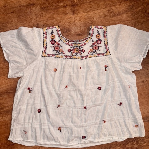 Knox Rose Tops - Knox Rose White Peasant Blouse with Multicolor Floral Embroidery